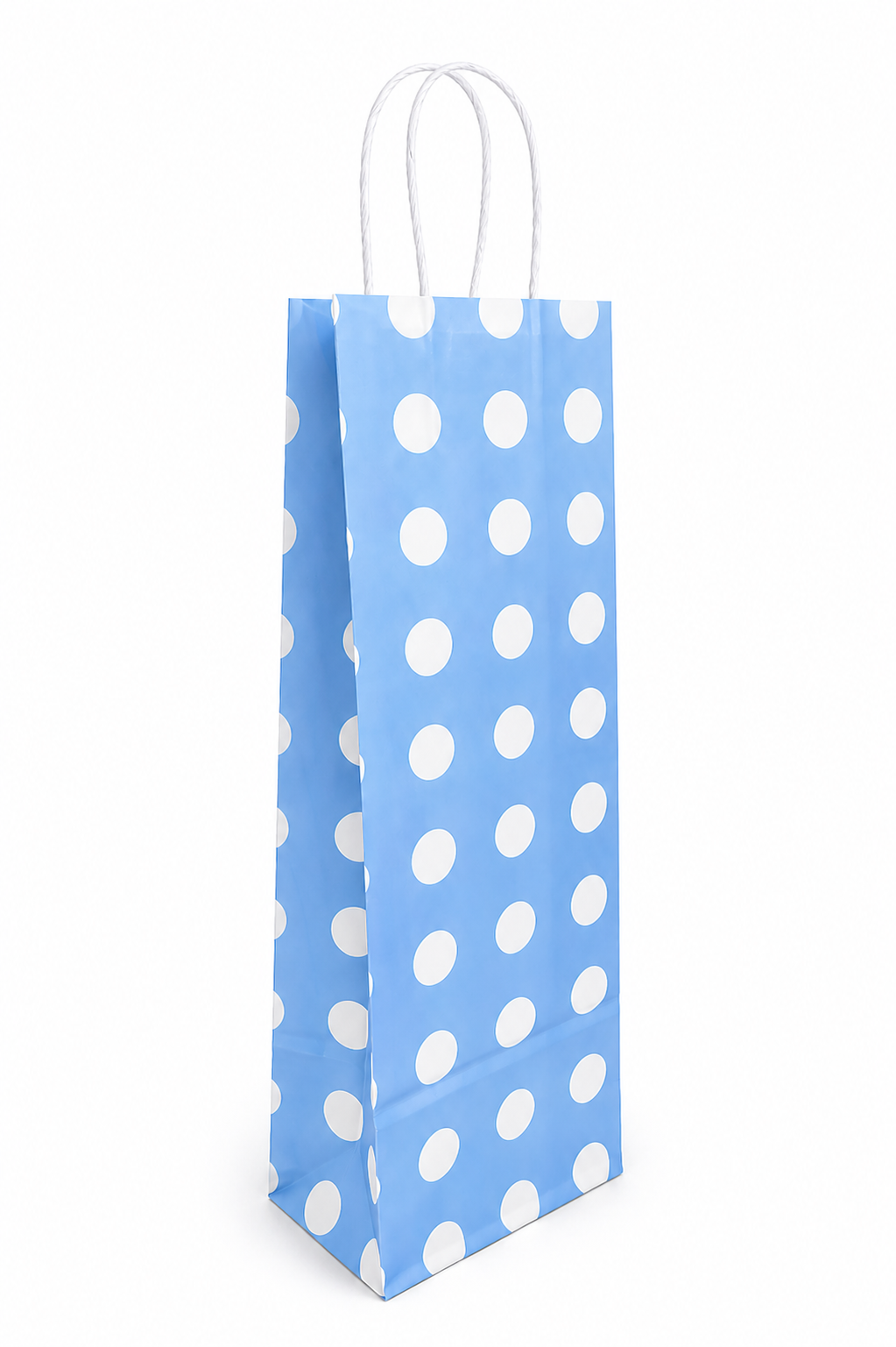 Çanta Beyaz Kraft Mavi Puantiyeli 12,5x36x8 Cm Burgu Sap Şişe Çantası