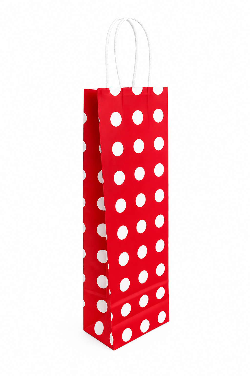 Çanta Beyaz Kraft Kırmızı Puantiyeli 12,5x36x8 Cm Burgu Sap Şişe Çantası