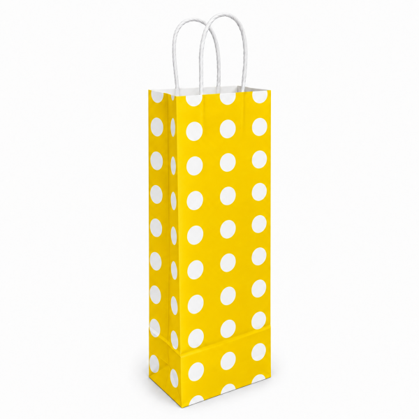 Çanta Beyaz Kraft Sarı Puantiyeli 12,5x36x8 Cm Burgu Sap Şişe Çantası 50 ADETLİ PAKET