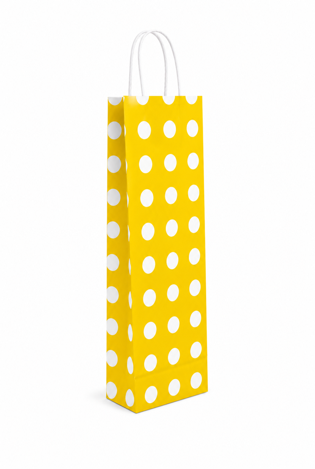 Çanta Beyaz Kraft Sarı Puantiyeli 12,5x36x8 Cm Burgu Sap Şişe Çantası 50 ADETLİ PAKET