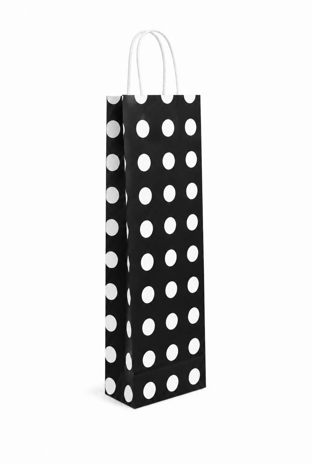 Çanta Beyaz Kraft Siyah Puantiyeli 12,5x36x8 Cm Burgu Sap Şişe Çantası