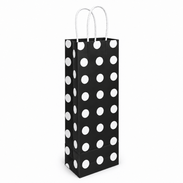 Çanta Beyaz Kraft Siyah Puantiyeli 12,5x36x8 Cm Burgu Sap Şişe Çantası 50 ADETLİ PAKET