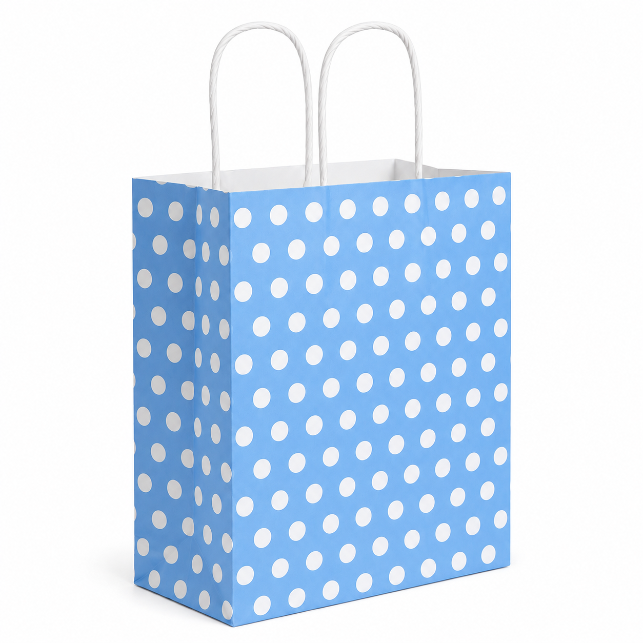 Çanta Beyaz Kraft 18x24x9 cm Burgu Sap Mavi Puantiyeli 50 ADETLİ PAKET