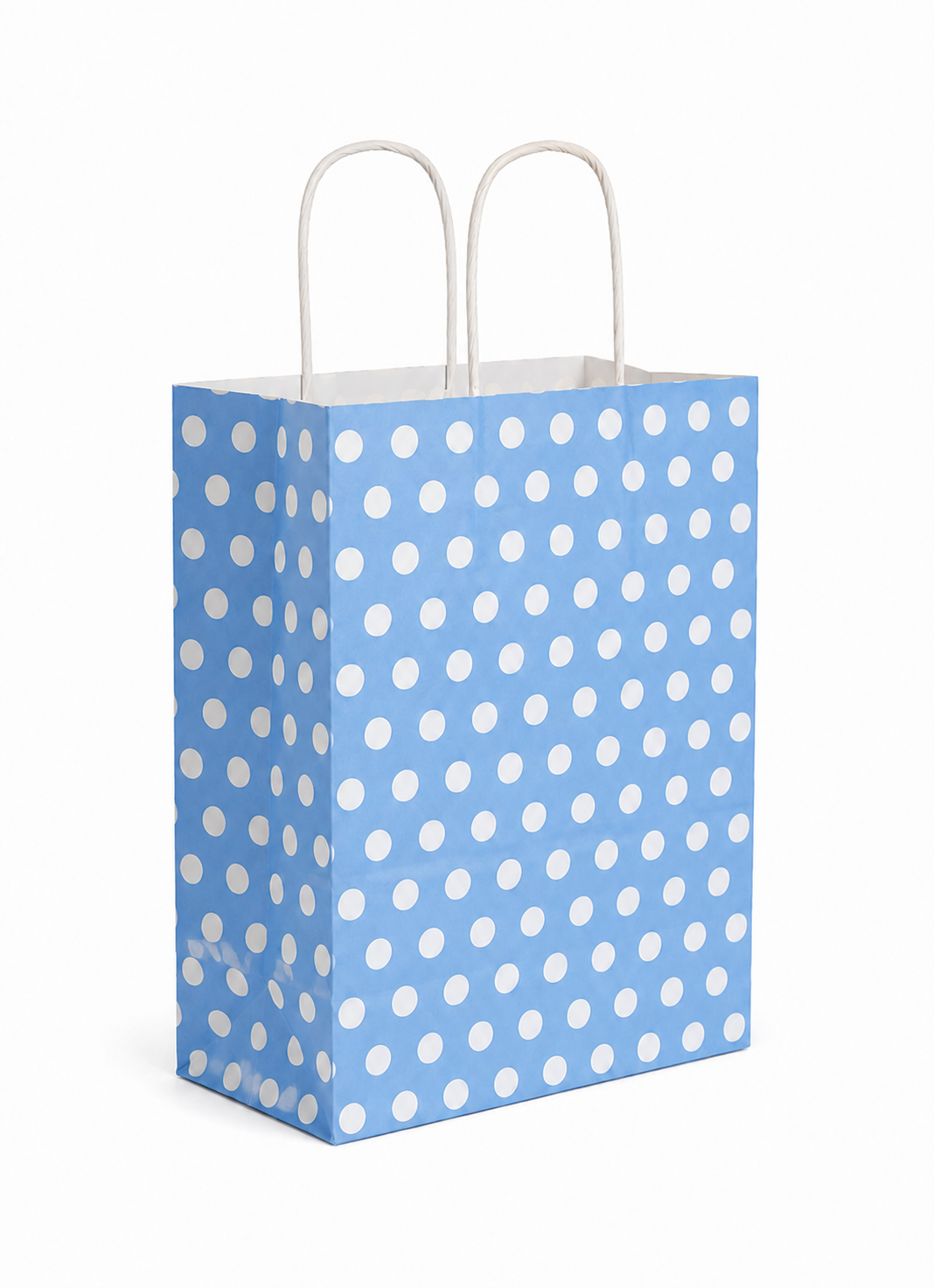 Çanta Beyaz Kraft 18x24x9 cm Burgu Sap Mavi Puantiyeli 50 ADETLİ PAKET