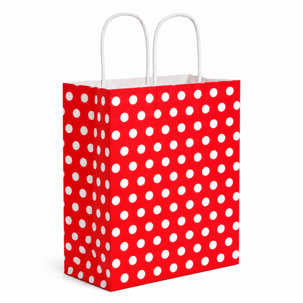 Çanta Beyaz Kraft 18x24x9 cm Burgu Sap Kırmızı Puantiyeli 50 ADETLİ PAKET