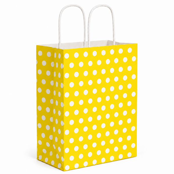 Çanta Beyaz Kraft 18x24x9 cm Burgu Sap Sarı Puantiyeli 50 ADETLİ PAKET