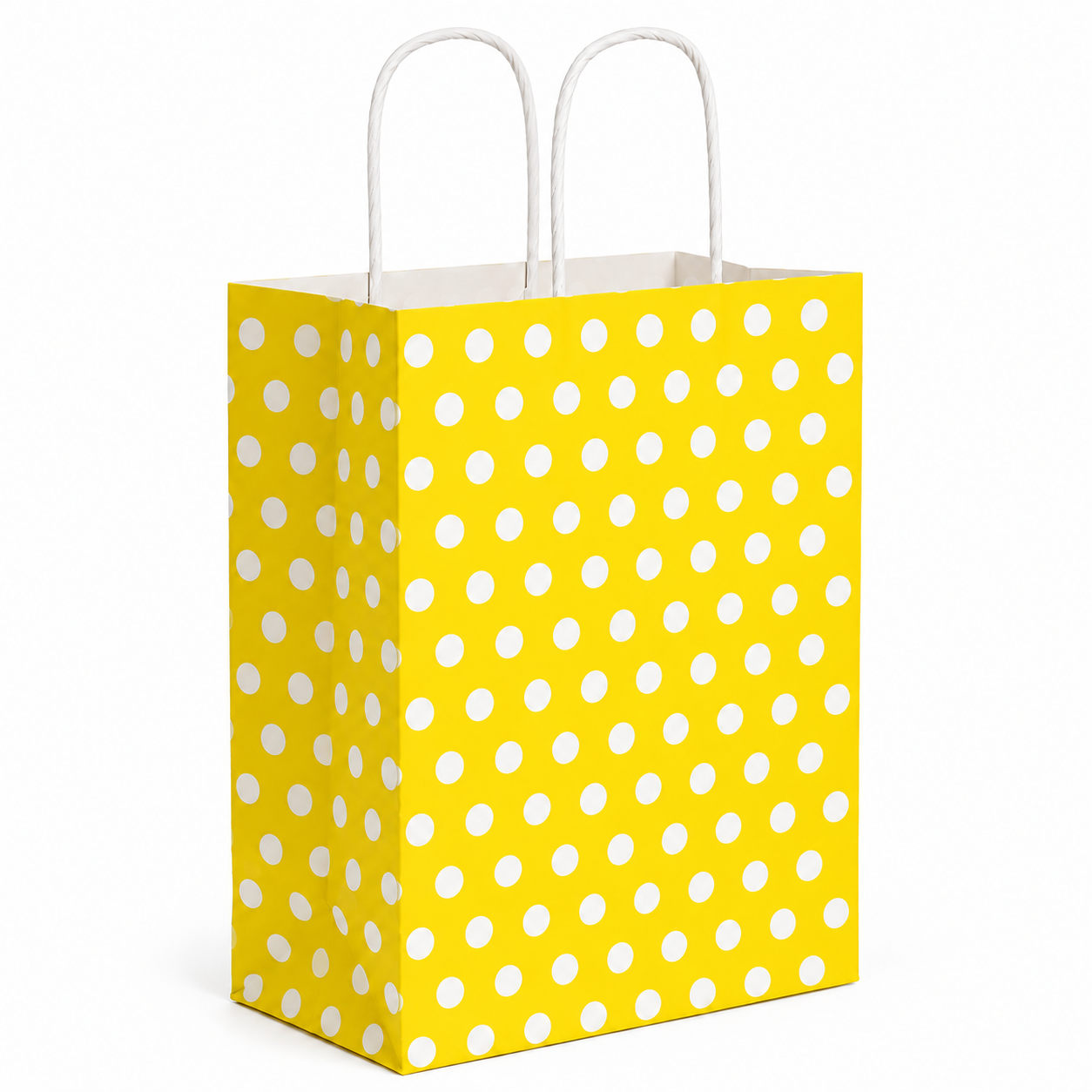 Çanta Beyaz Kraft 18x24x9 cm Burgu Sap Sarı Puantiyeli 400 ADETLİ KOLİ