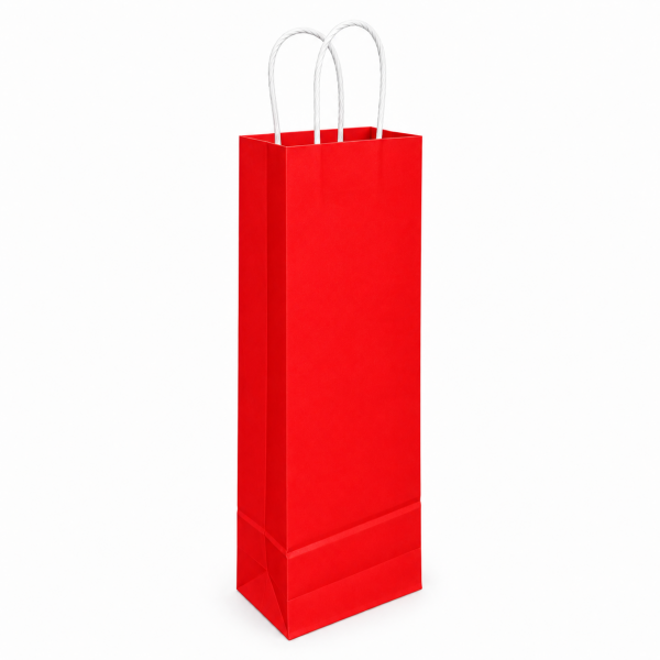 Çanta Beyaz Kraft Kırmızı 12,5x36x8 Cm Burgu Sap Şişe Çantası