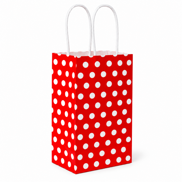 Çanta Beyaz Kraft Kırmızı Puantiyeli 12,5x26x8 Cm Burgu Sap Şişe Çantası 700 ADETLİ KOLİ