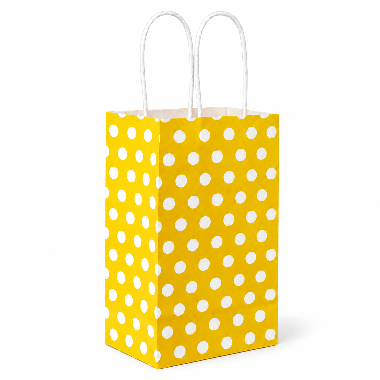 Çanta Beyaz Kraft Sarı Puantiyeli 12,5x26x8 Cm Burgu Sap Şişe Çantası 700 ADETLİ KOLİ