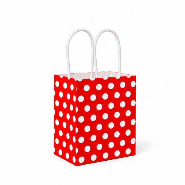 Çanta Beyaz Kraft 13x20x8 Cm Burgu Sap Kırmızı Puantiyeli 750 ADETLİ KOLİ